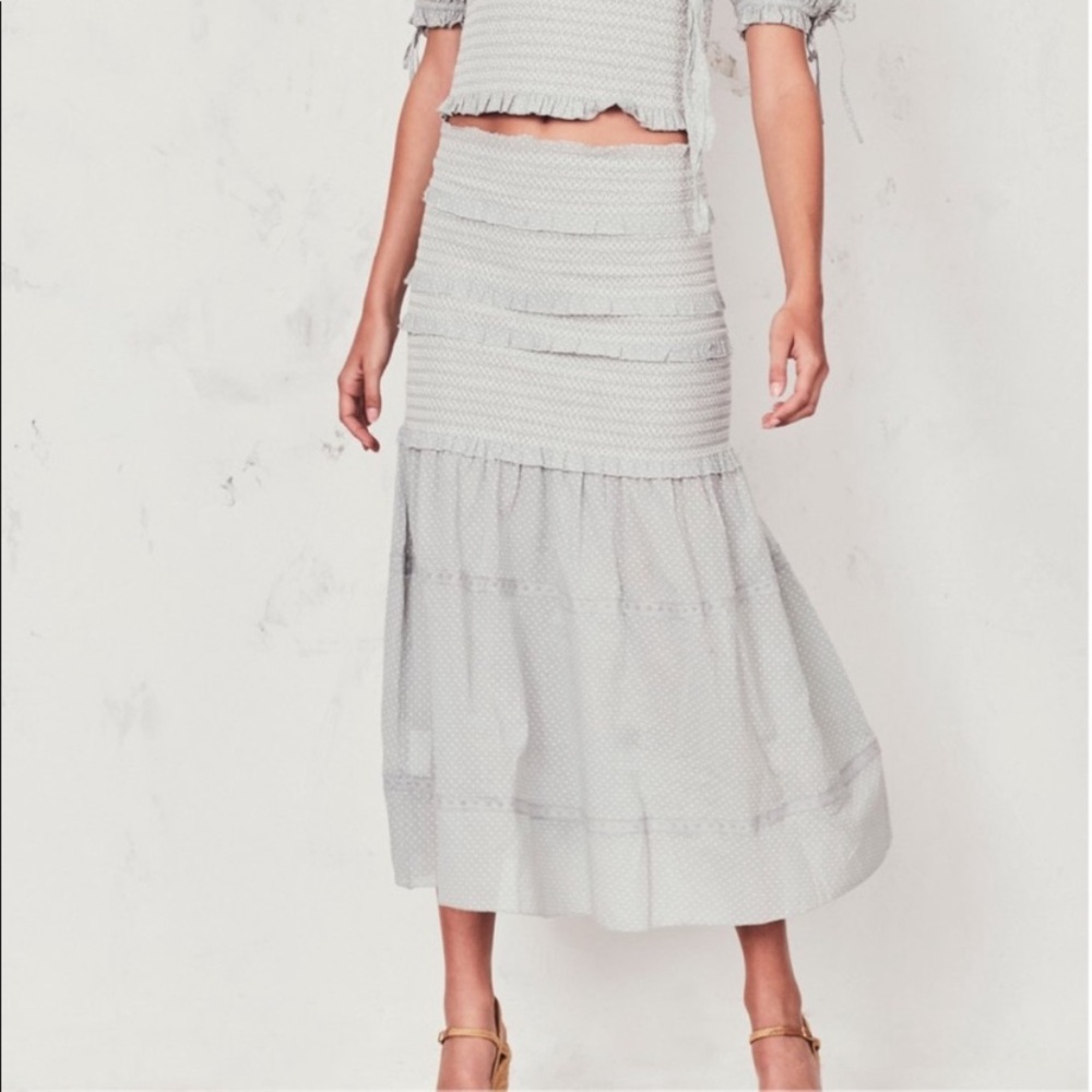 Loveshackfancy Tiered Ruffle Ruched Iva Midi Skirt in Sage Green White Polka Dot